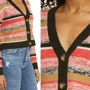 BP Nordstrom Striped Button Down Cardigan Sweater Black Mark Stripe NWT XS